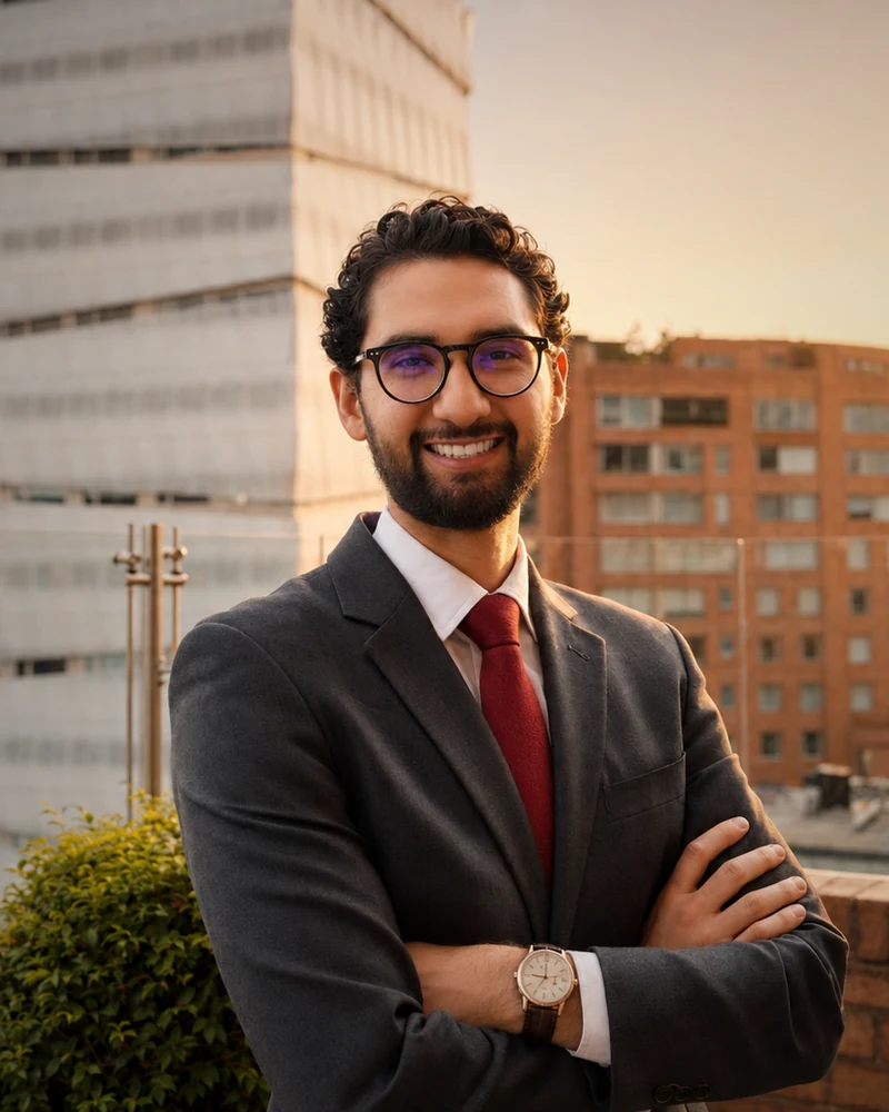 Retrato de Pablo Ruiz Carrizosa en una terraza de Bogotá al atardecer